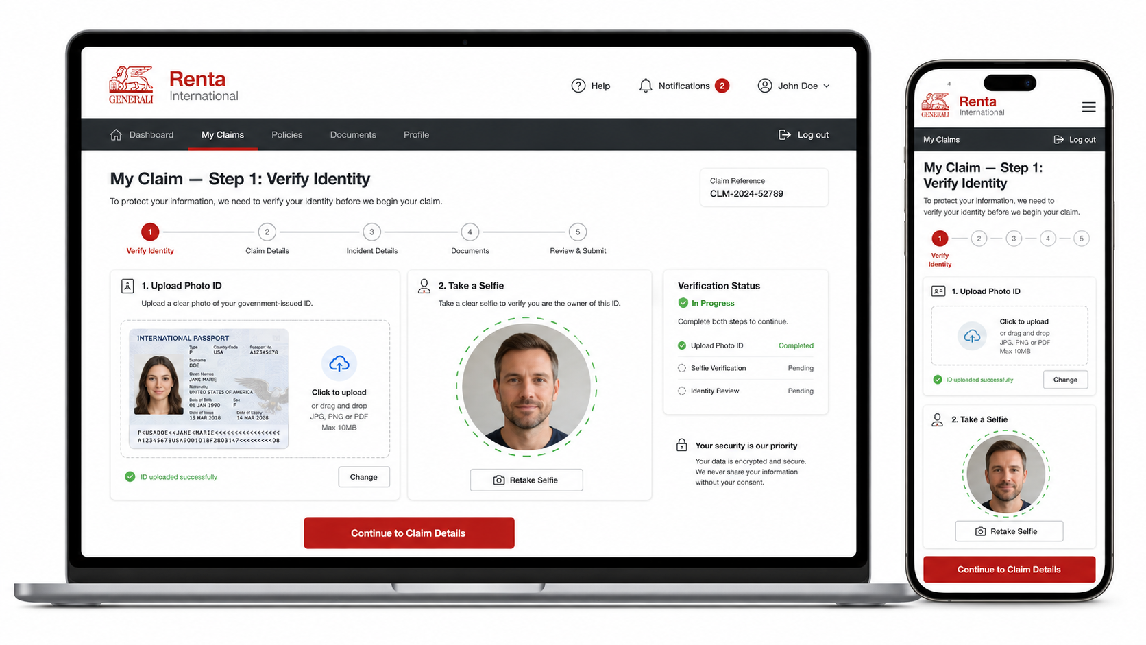Renta International claims self-service portal on desktop and mobile